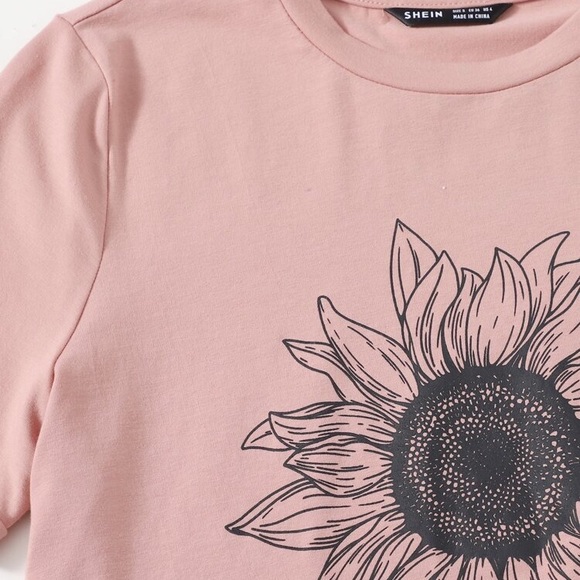 SHEIN SHEIN EZwear Rolled Sleeve Sunflower Print Tee in Pink, Size XS, NIB - Picture 3 of 10